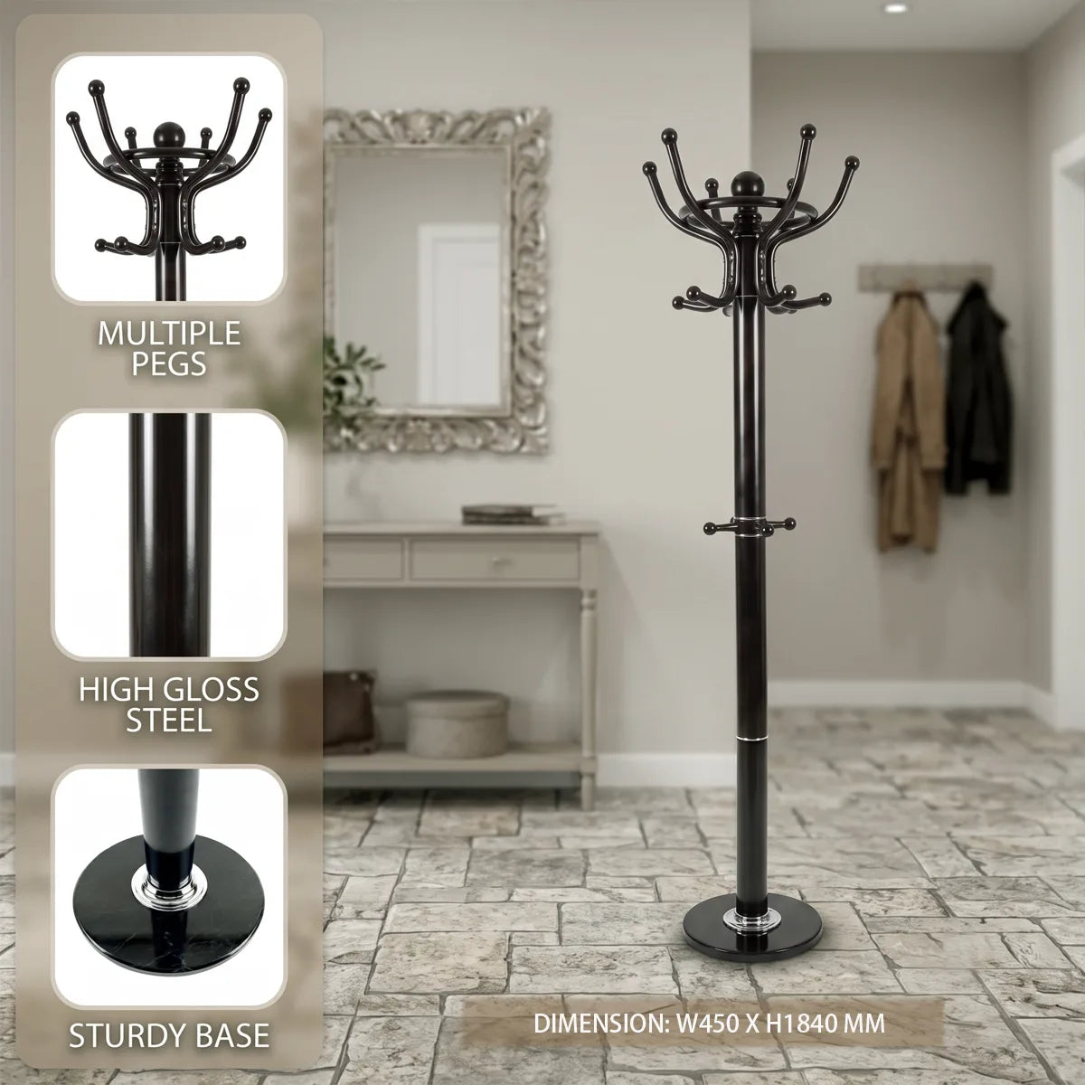 A tall black steel coat rack with multiple curved pegs and a round base, shown in a home entryway setting. An inset panel on the left highlights features: multiple pegs, high gloss steel, and a sturdy base.