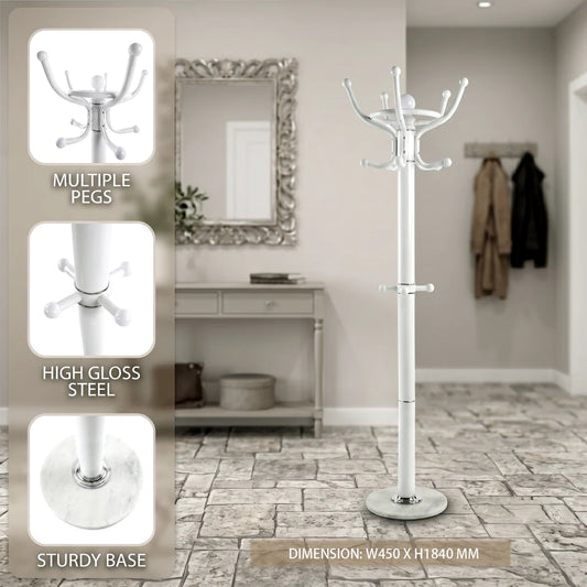 A tall white metal coat rack with multiple curved pegs, shown standing in a hallway interior. Three inset callouts on the left highlight features: multiple pegs, high gloss steel, and a sturdy base.