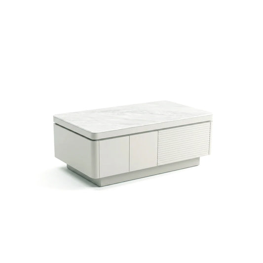 Angled profile view of a contemporary white coffee table with a glossy marble surface top and closed storage cabinets