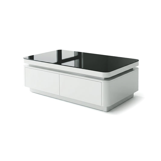 White coffee table with black glass top and white base on a white background