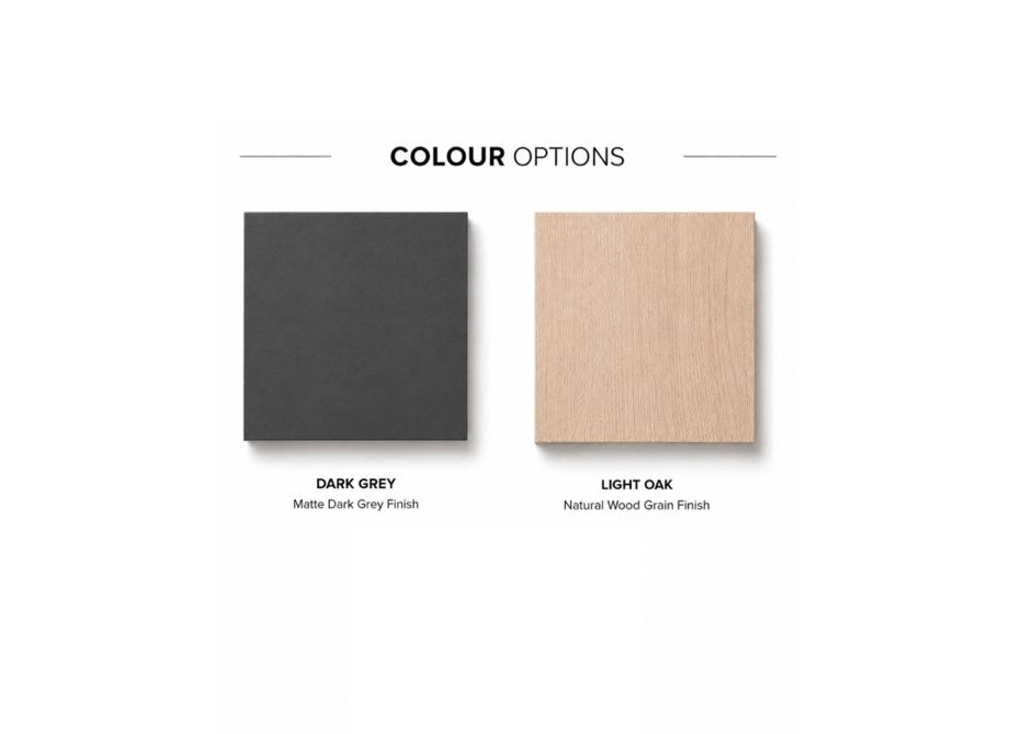 A color options graphic showing two square material swatches on a white background. The left swatch is dark charcoal gray with the label 'DARK GREY Matte Dark Grey Finish