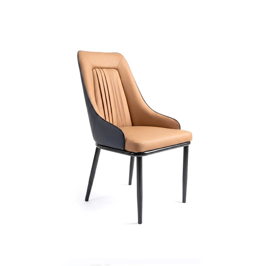 Three-quarter view of a two-tone orange and grey leather dining chair