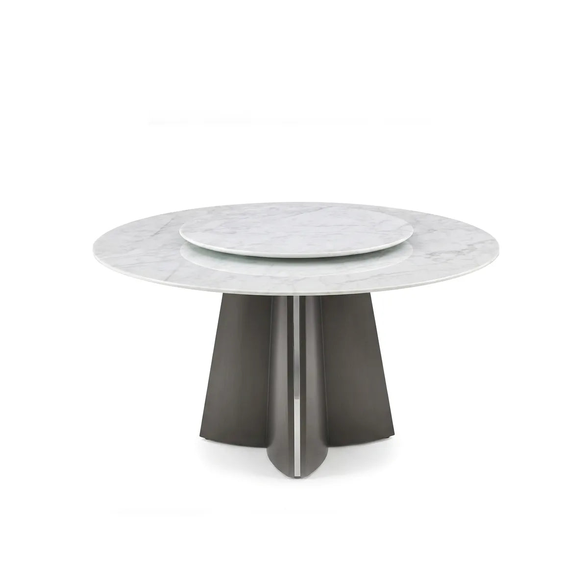 A modern round dining table featuring a white marble top with a matching inner rotating platter and a sculptural dark gray fluted pedestal base, shown on a solid white background.