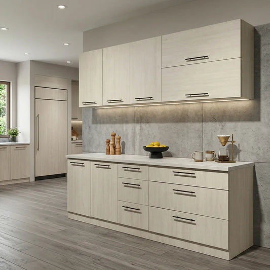 A modern kitchen cabinet set in a light beige woodgrain finish with sleek black horizontal bar handles, set against a gray concrete-look backsplash and gray wood-look flooring