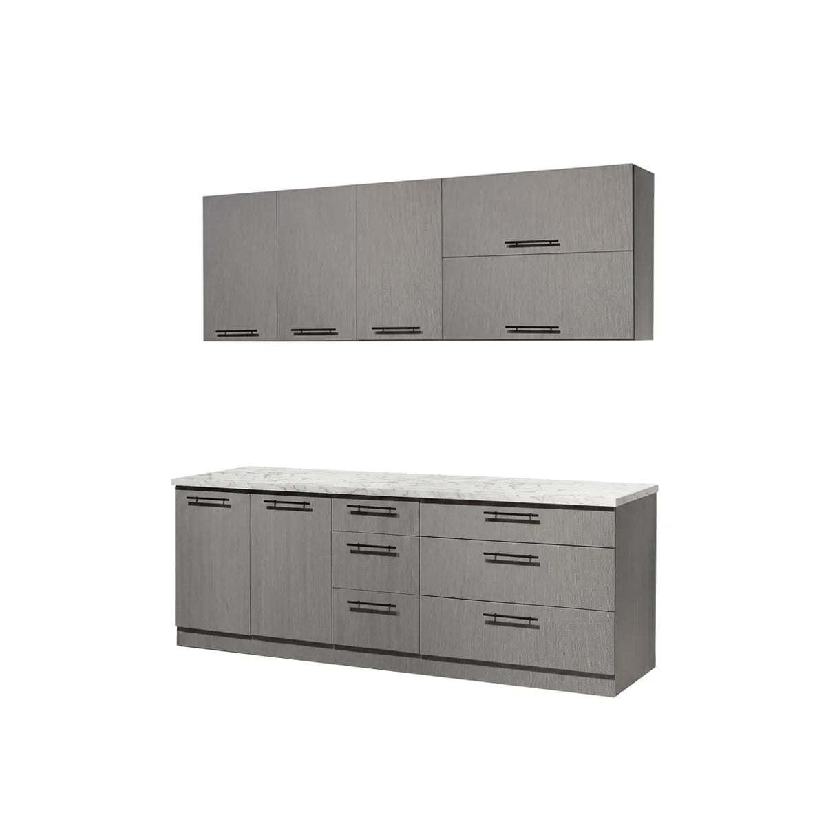 A modern kitchen cabinet set featuring a wall-mounted upper cabinet with two door sections and a matching base cabinet with drawers, both in a gray woodgrain finish with black handles and a white countertop, shown against a plain white background.