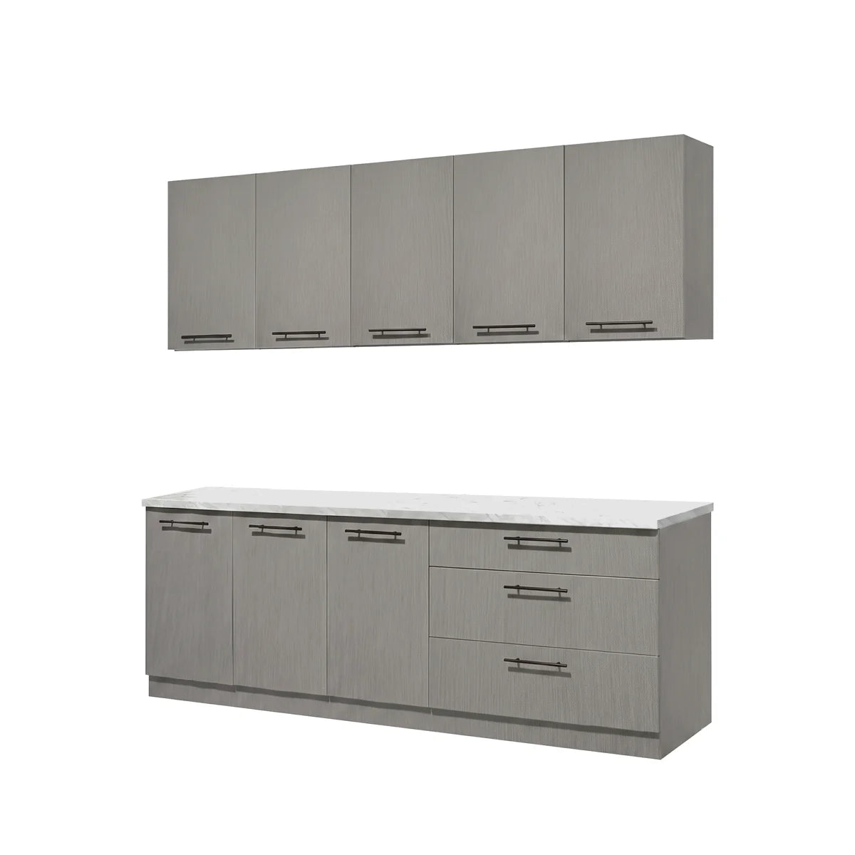 A modern kitchen cabinet set featuring a wall-mounted upper cabinet with five doors and a matching base cabinet with three doors, three drawers, and a white countertop, both in a light gray woodgrain finish with dark metal handles.