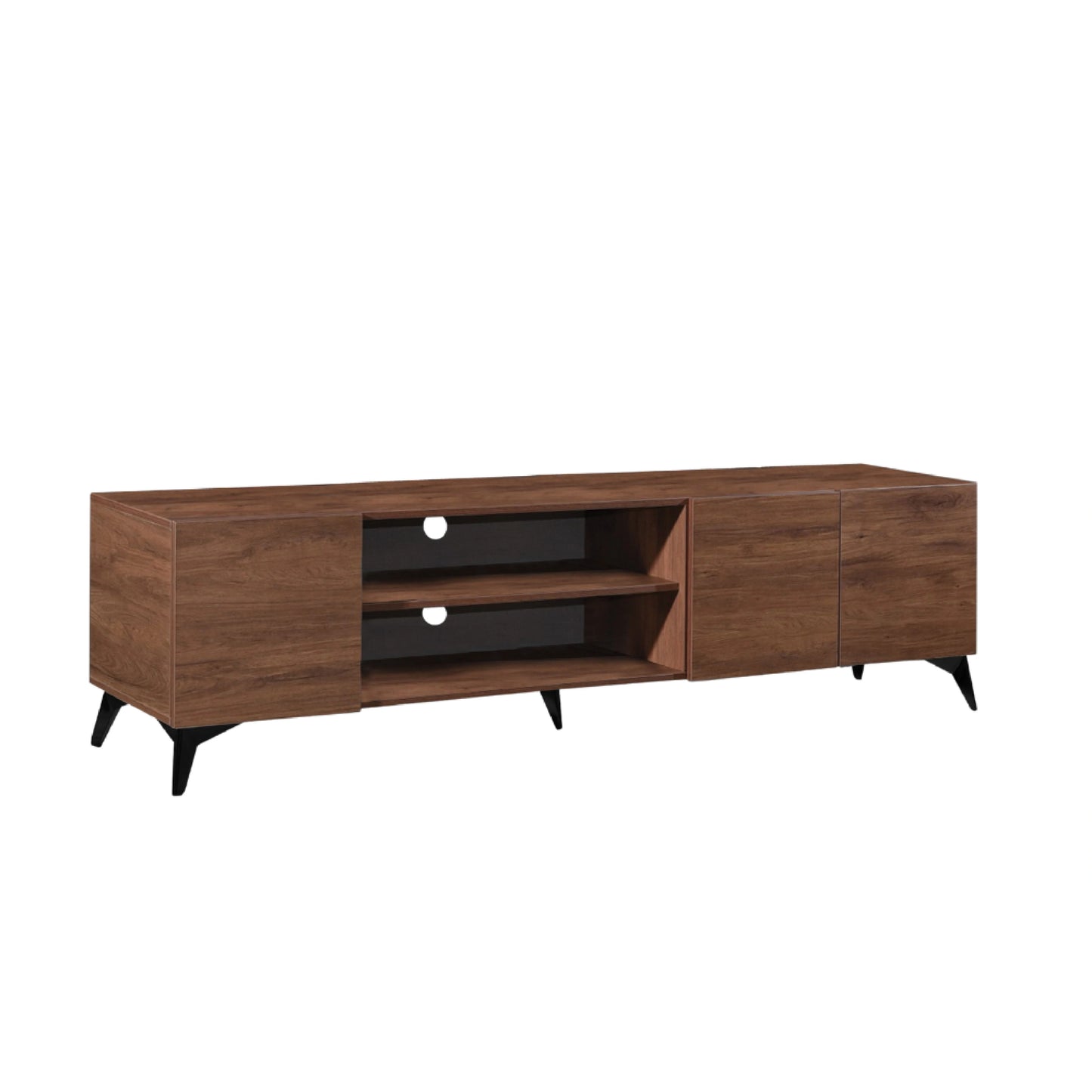 Wooden TV stand with shelves on a white background