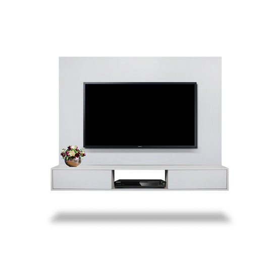 White wall-mounted TV stand with a television on a white background