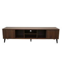 Wooden TV stand with open shelves on a white background