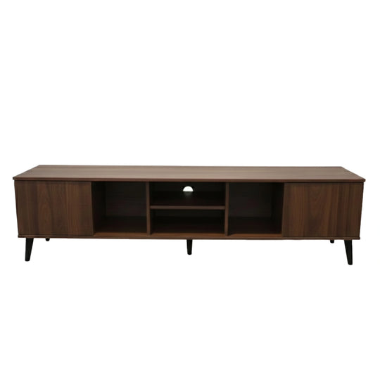 Wooden TV stand with open shelves on a white background