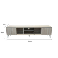 Wooden TV stand with dimensions on a white background
