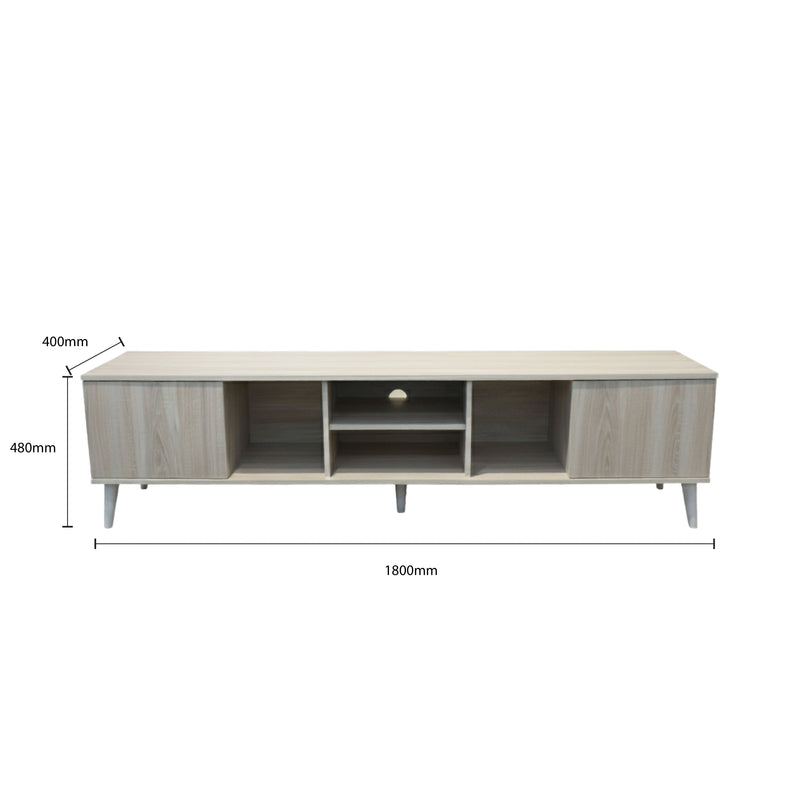 Wooden TV stand with dimensions on a white background