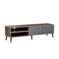 Wooden TV stand with gray doors on a white background