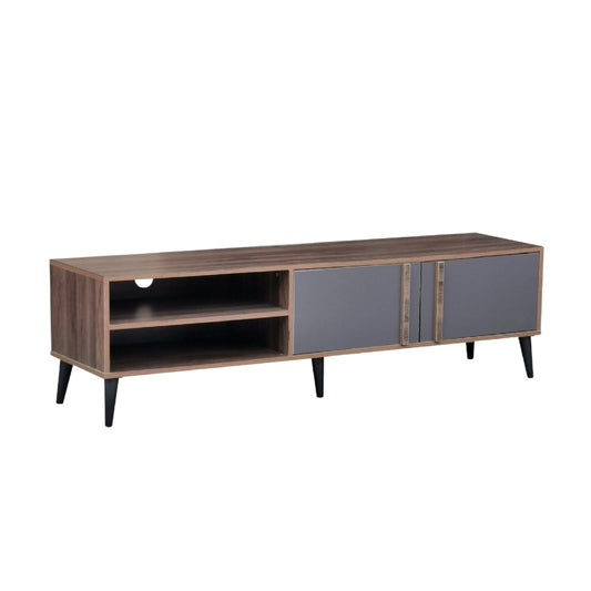 Wooden TV stand with gray doors on a white background