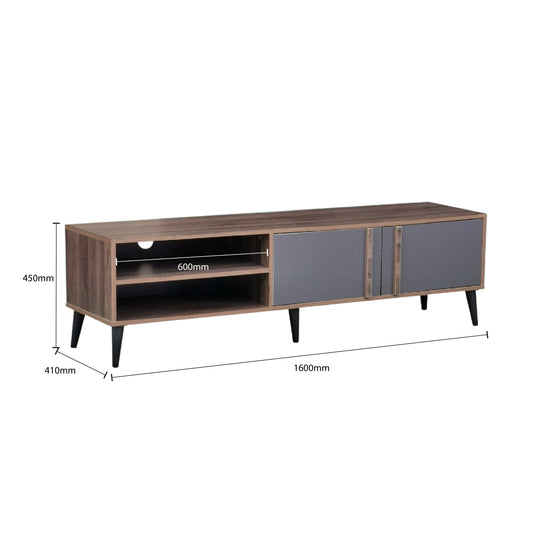 Wooden TV stand with dimensions labeled on a white background
