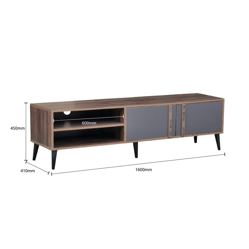 Wooden TV stand with dimensions labeled on a white background