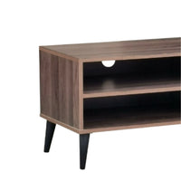 Wooden TV stand with a single shelf on a white background