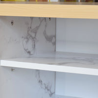 Cabinet with marble-patterned interior and wooden top