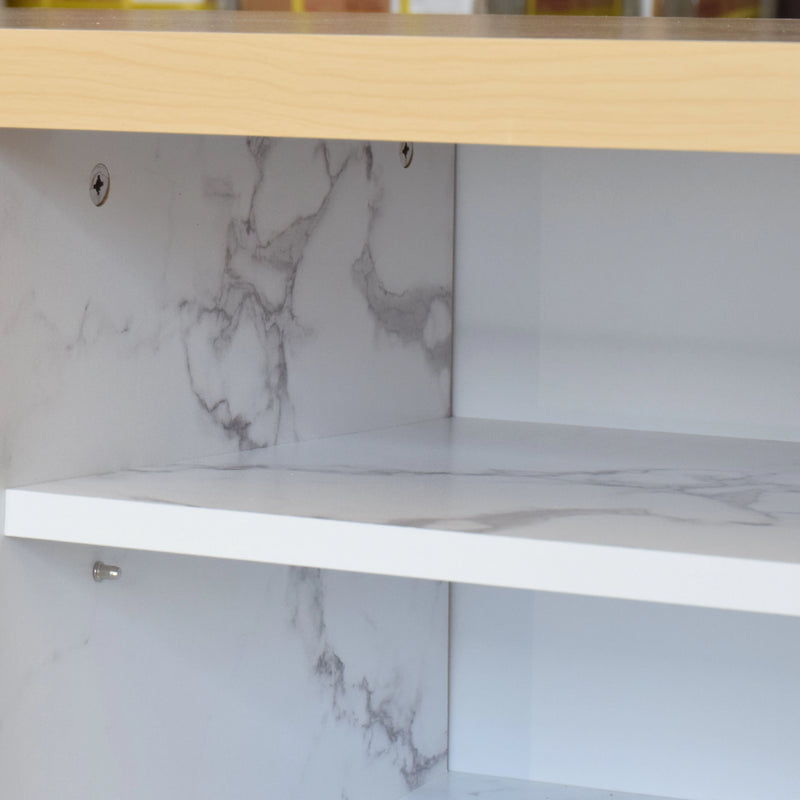 Cabinet with marble-patterned interior and wooden top