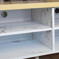 Marble-patterned shelves inside a wooden cabinet