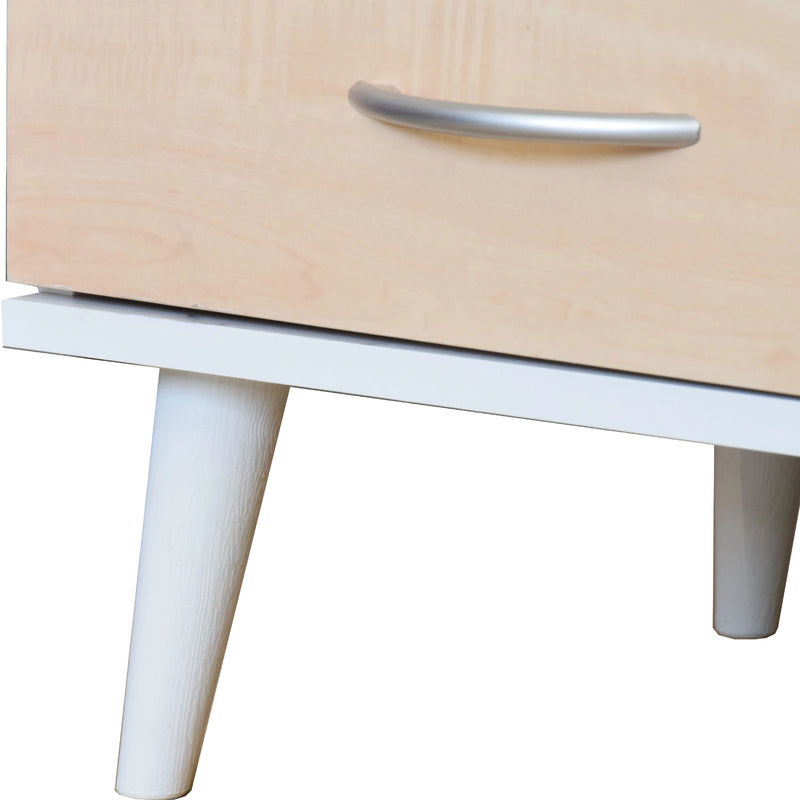 Close-up of a wooden drawer with a white base on a white background