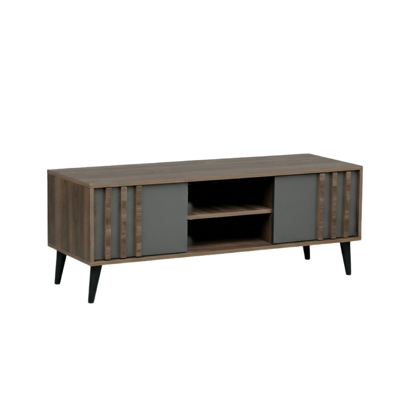 Wooden entertainment console with gray doors on a white background