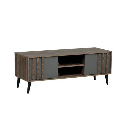 Wooden entertainment console with gray doors on a white background