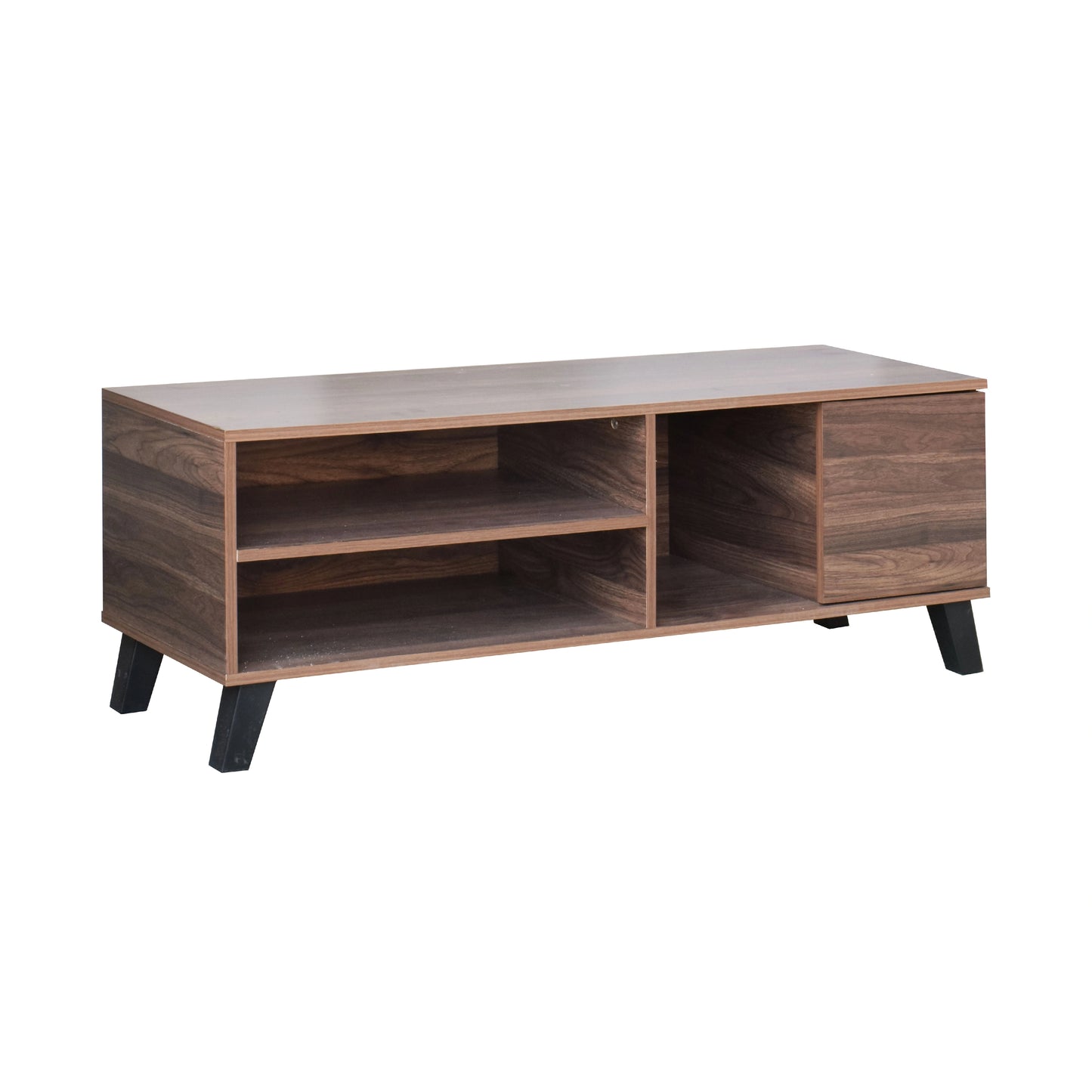 Wooden entertainment console with shelves on a white background