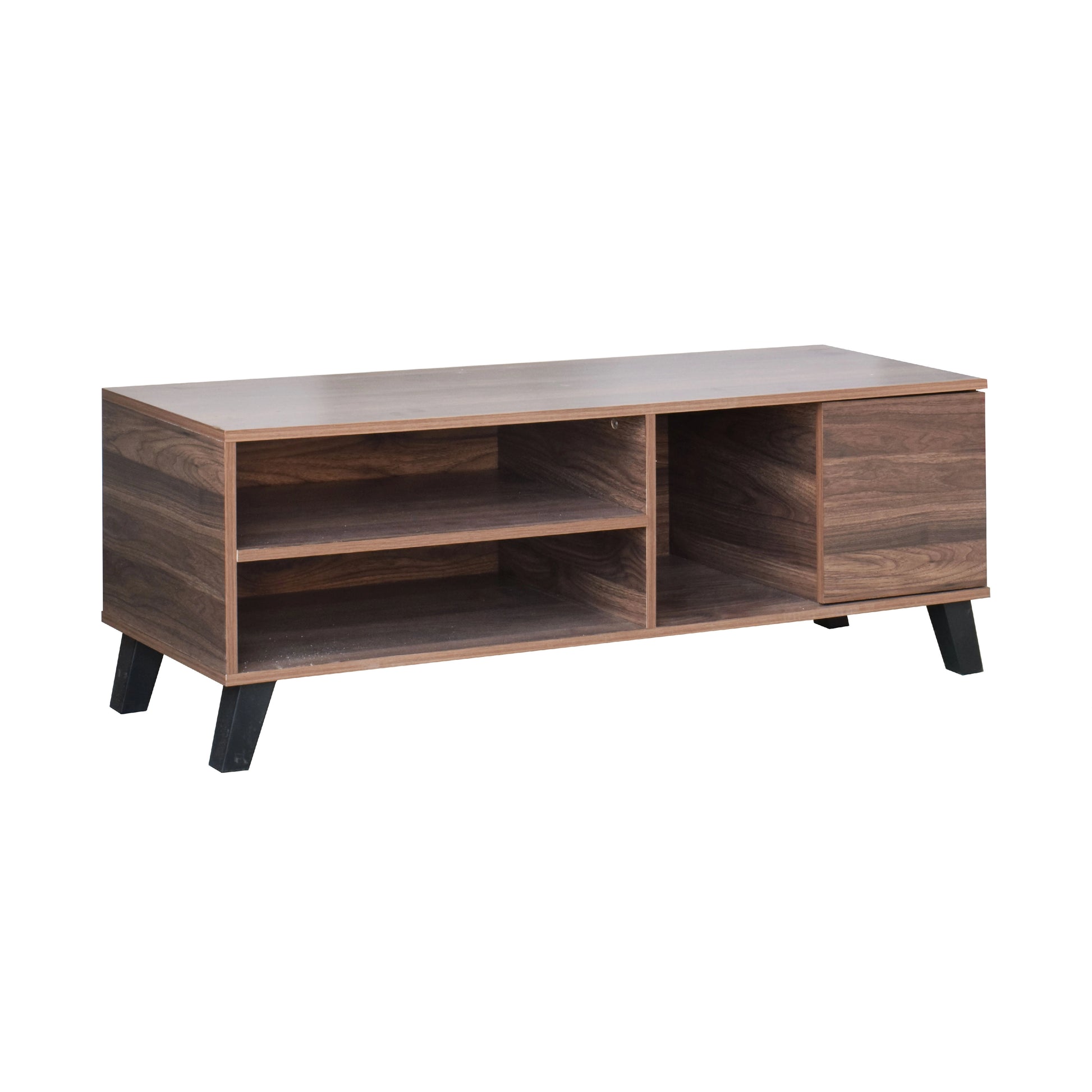 Wooden entertainment console with shelves on a white background