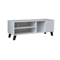 White TV stand with black legs on a white background