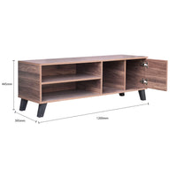 Wooden TV stand with dimensions on a white background