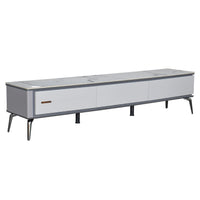 Long narrow table with a white surface and gray frame on a white background