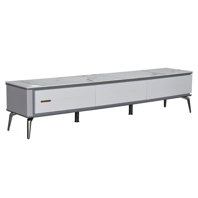 Long narrow table with a white surface and gray frame on a white background