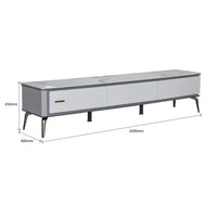 White TV stand with dimensions on a white background