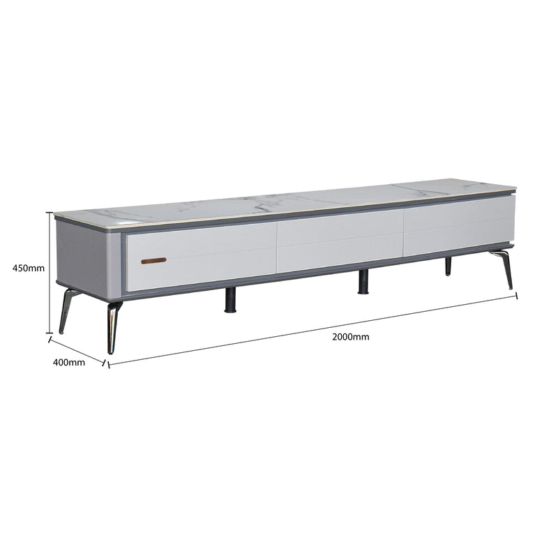 White TV stand with dimensions on a white background