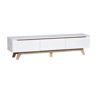 White TV stand with wooden legs on a white background