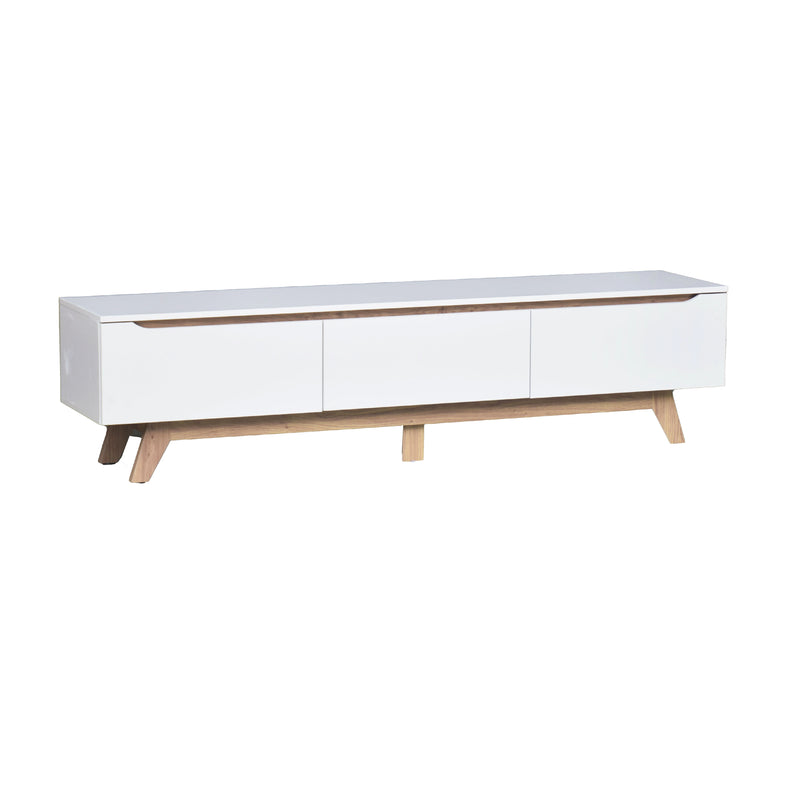 White TV stand with wooden legs on a white background