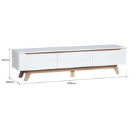 White TV stand with dimensions on a white background
