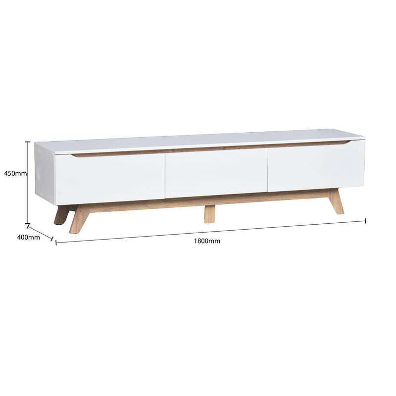 White TV stand with dimensions on a white background