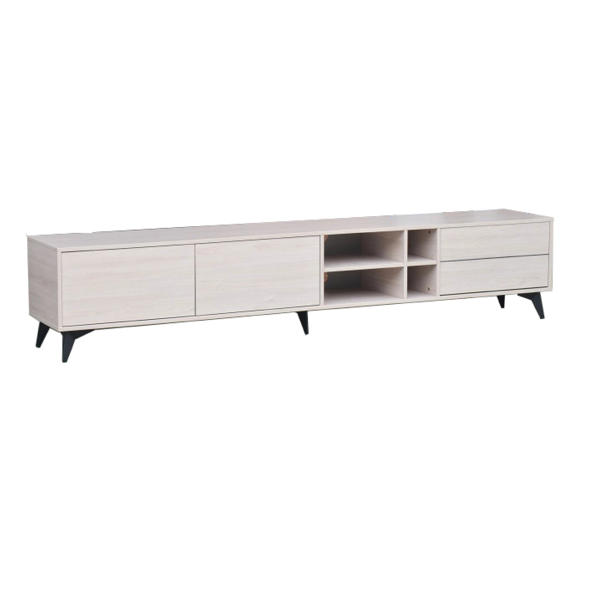 White entertainment console with black legs on a white background