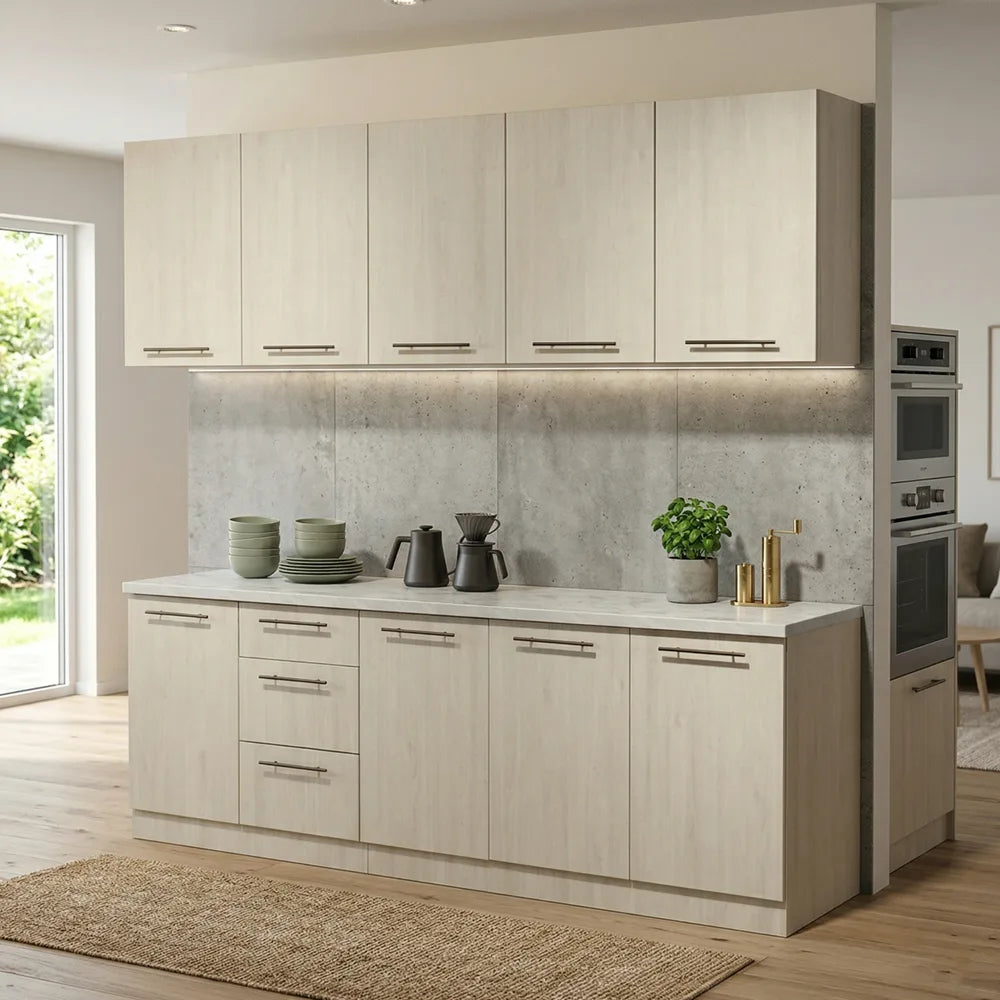 A modern kitchen cabinet set with light beige wood-grain doors, a matching countertop, and a textured gray backsplash, shown in a staged kitchen interior