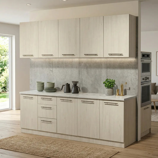 A modern kitchen cabinet set with light beige wood-grain doors, a matching countertop, and a textured gray backsplash, shown in a staged kitchen interior
