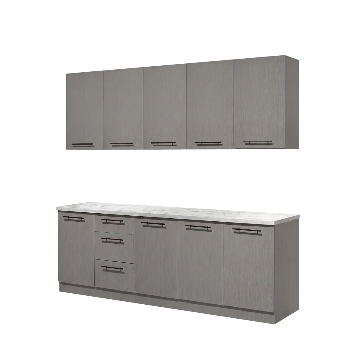 A modern kitchen cabinet set featuring a five-door wall cabinet above and a matching five-door base cabinet with a white marble-look countertop, both in a gray woodgrain finish with dark metal handles.