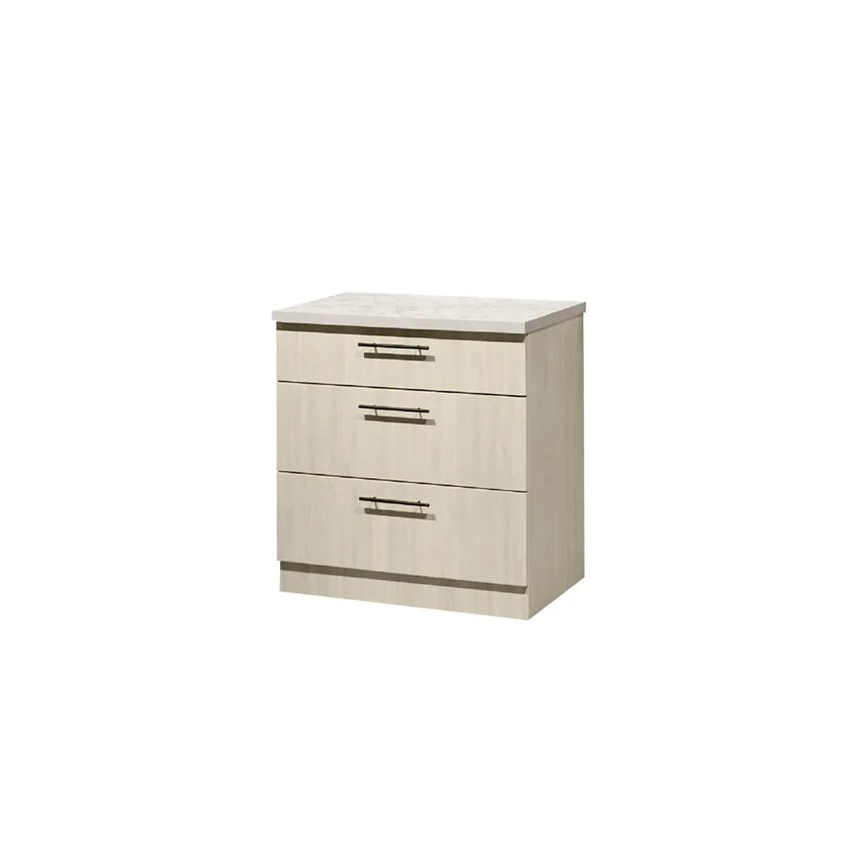 A three-drawer nightstand with a light beige wood grain finish and dark metal bar handles, shown on a plain white background.