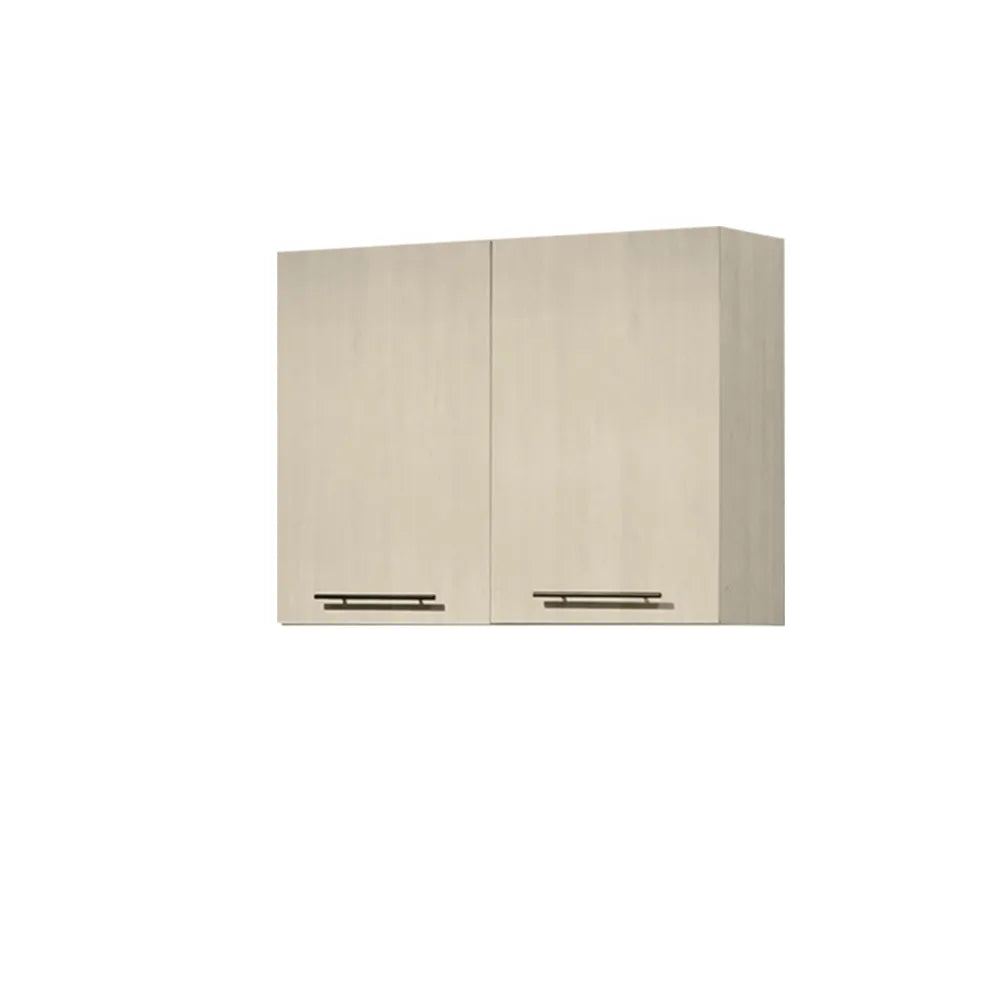 A pair of wall-mounted kitchen cabinets in a light beige wood finish, featuring slim black horizontal bar handles, shown against a plain white background.