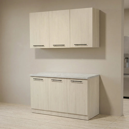 A light beige wood-look kitchen cabinet set with a three-door wall cabinet above and a matching three-door base cabinet with a white countertop, shown in a minimalist interior setting.