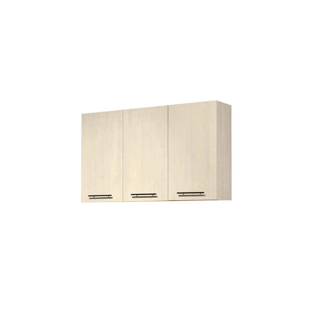 Three-panel wall-mounted kitchen cabinets in a light natural wood finish with slim horizontal dark metal handles, shown against a plain white background.