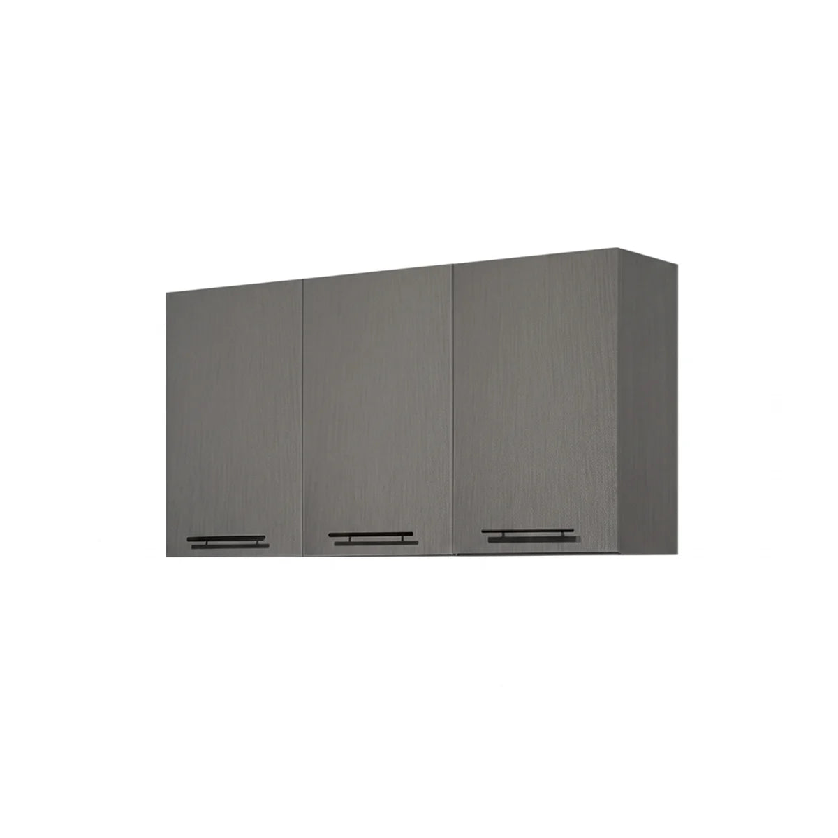 A three-door wall cabinet with a light gray wood grain finish and slim black horizontal handles, shown against a plain white background.