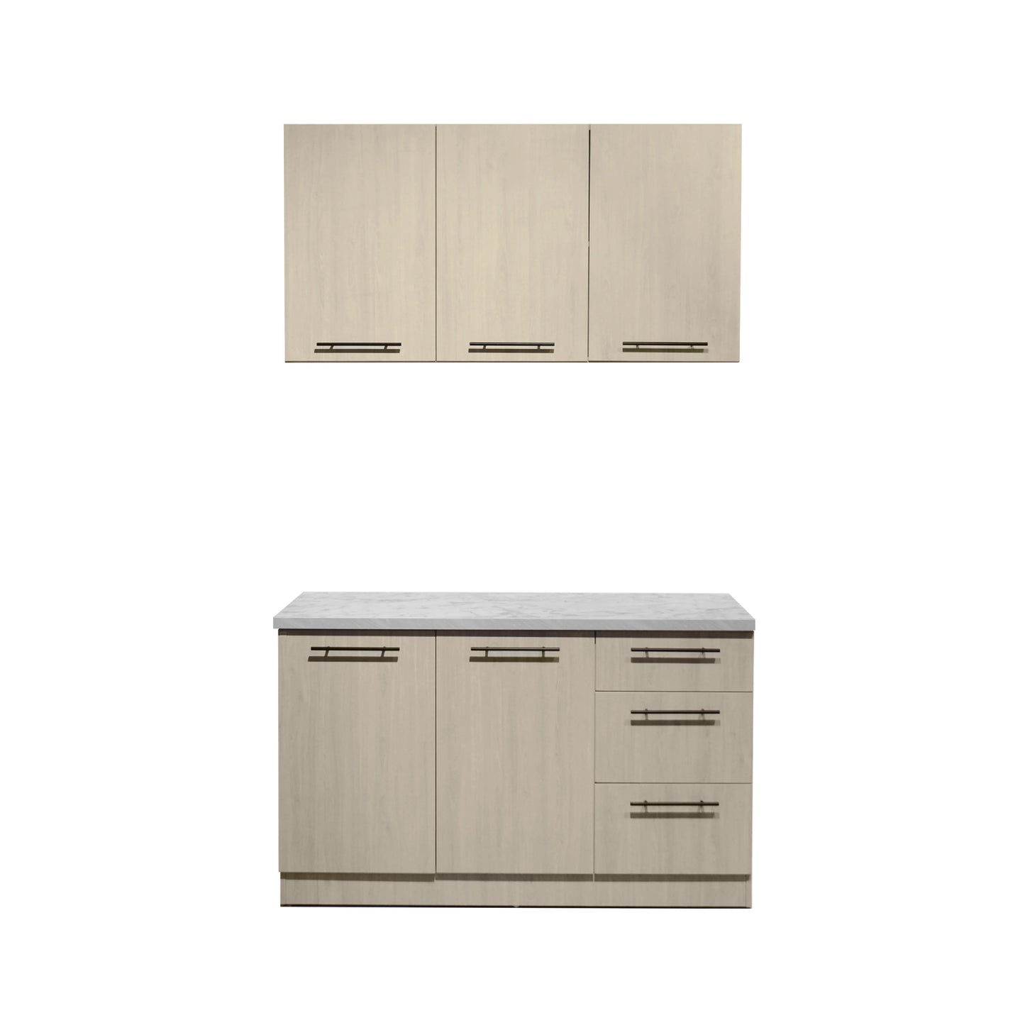 A two-piece kitchen cabinet set featuring a three-door wall cabinet and a matching base cabinet with a gray countertop, three drawers, and dark metal bar handles, shown on a plain white background.
