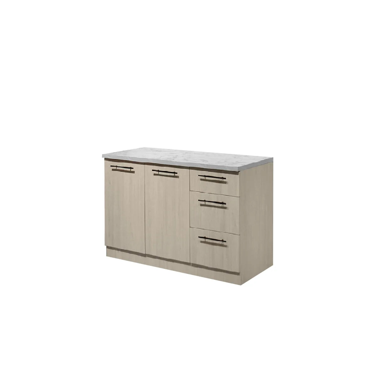 A modern kitchen cabinet with a light beige wood-grain finish, featuring two cabinet doors on the left, three drawers on the right, and a white marble-look countertop with dark metal handles.